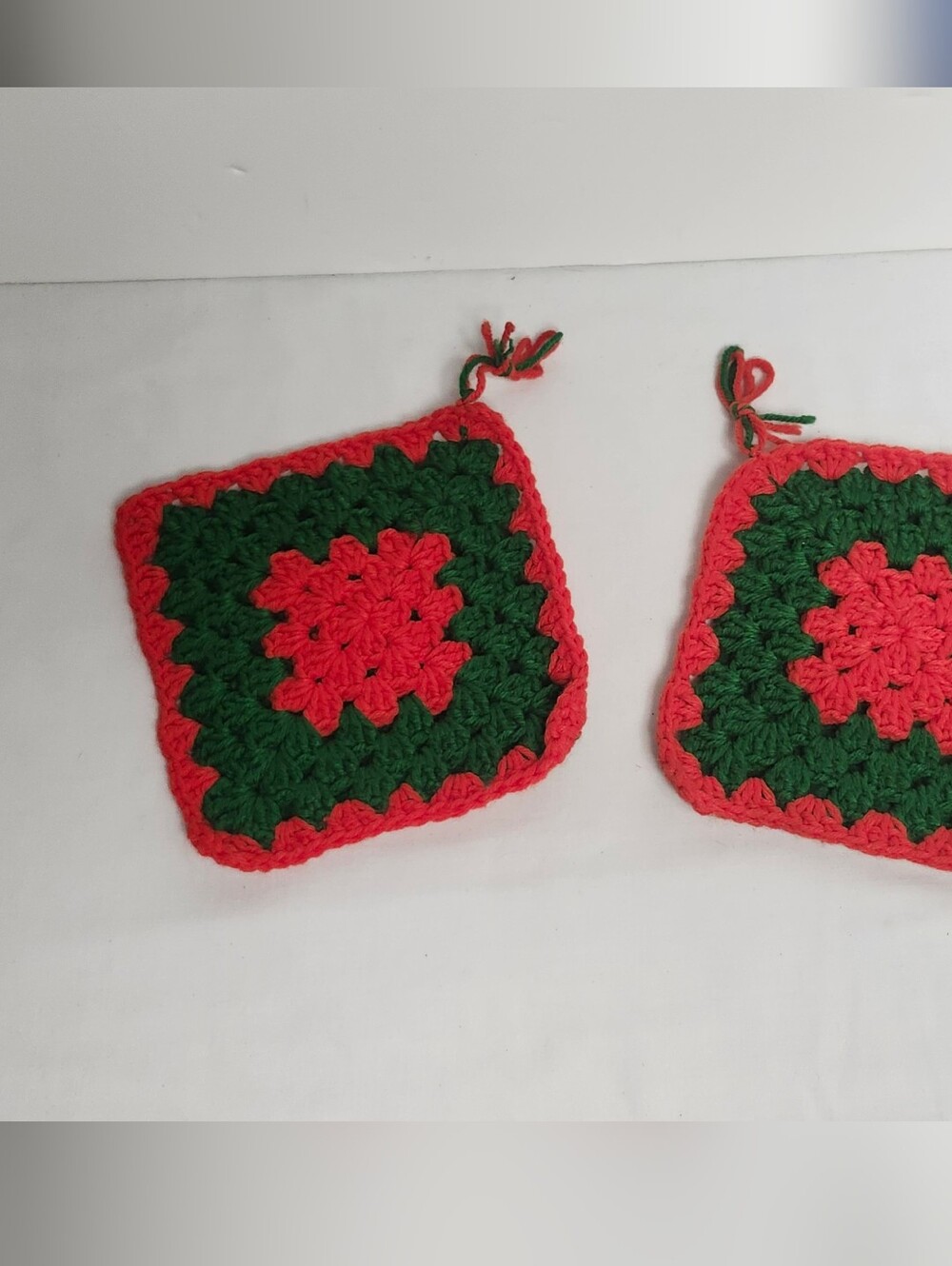 Handmade Crochet Granny Square Potholders in Red & Green